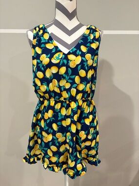 Francesca’s Blue Rain Navy and Yellow Lemon Print Romper
